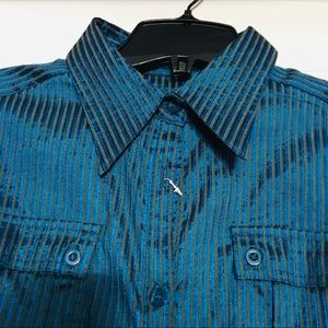 Metallic blue pinstripe shirt